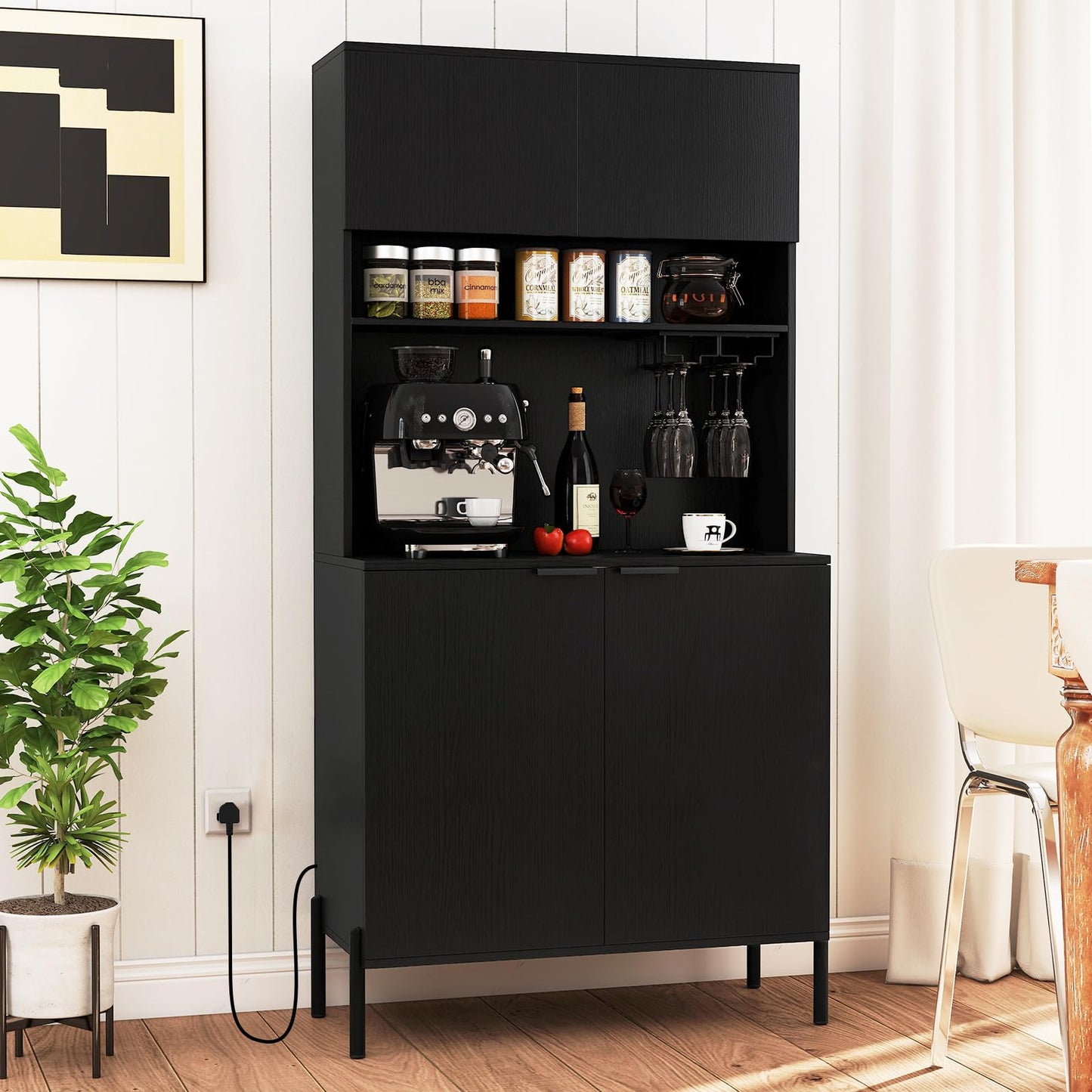 Kitchen Pantry Cabinet with Power Outlets and Wine Racks