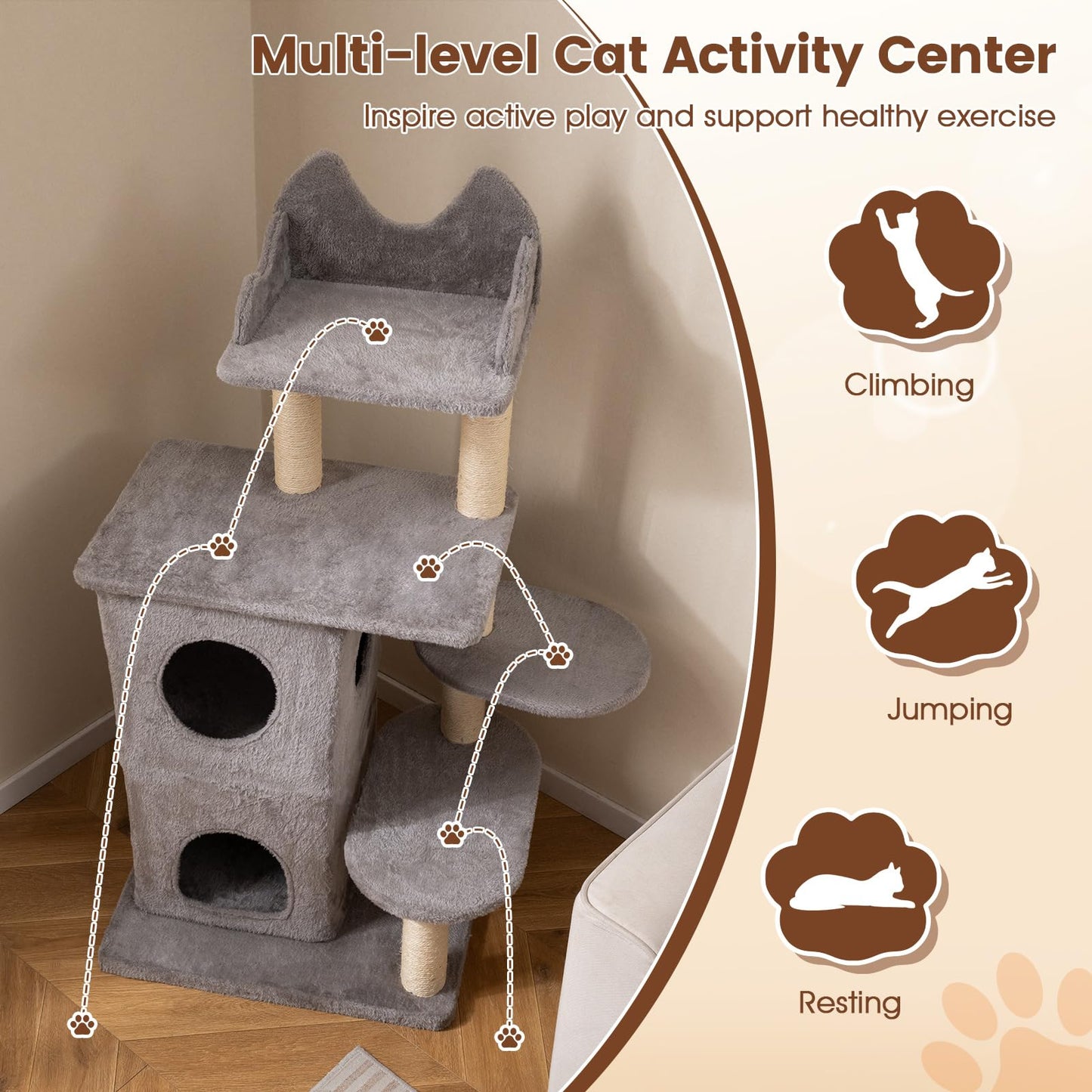 Cat Tree, 123cm Tall Multi-Layer Cats Tower with Plush Perch, 2-story Condo, 3 Hideaway Caves