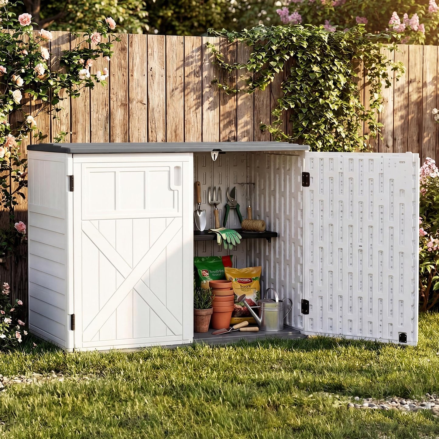 Outdoor Storage Box, All Weather Resistant Garden Shed with 3-Level Adjustable Shelf