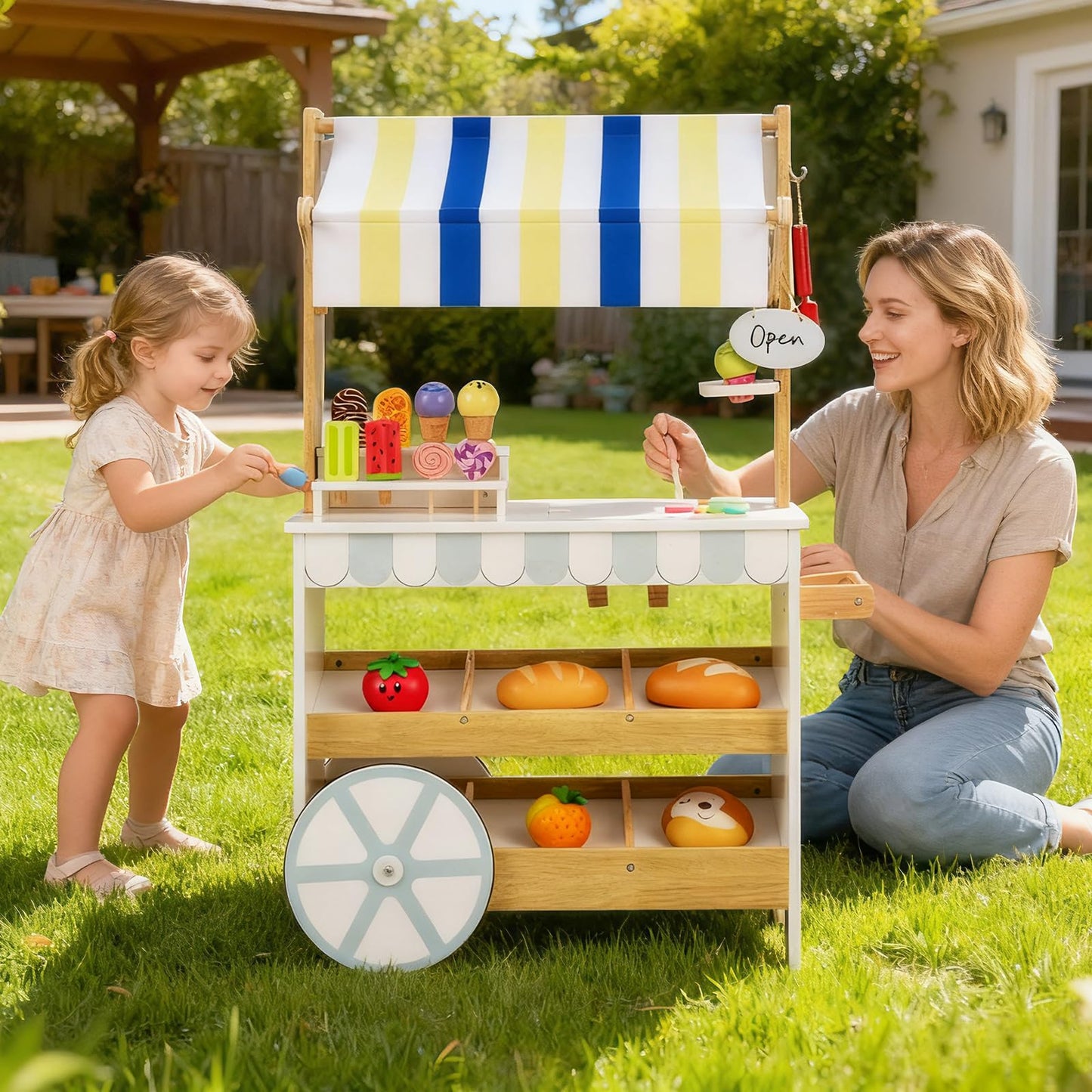 Kids Ice Cream Cart, 2 in 1 Wooden Grocery Store Playset with Display Shelves