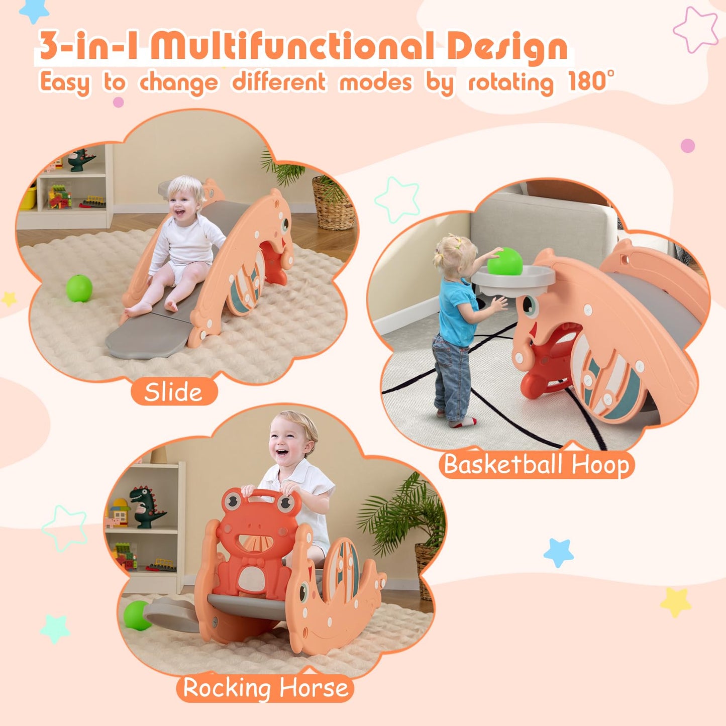 3-in-1 Kids Slide Rocking Horse Set Convertible with Basketball Hoop