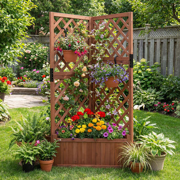 Wooden Planter with Trellis, Corner Raised Garden Bed with Drainage Holes