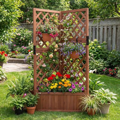 Wooden Planter with Trellis, Corner Raised Garden Bed with Drainage Holes