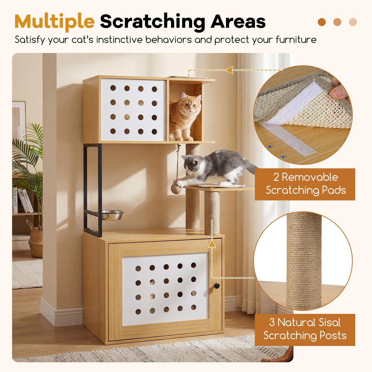 117.5 cm Modern Cat Tower Cabinet with Sisal Scratching Posts and Hanging Ball