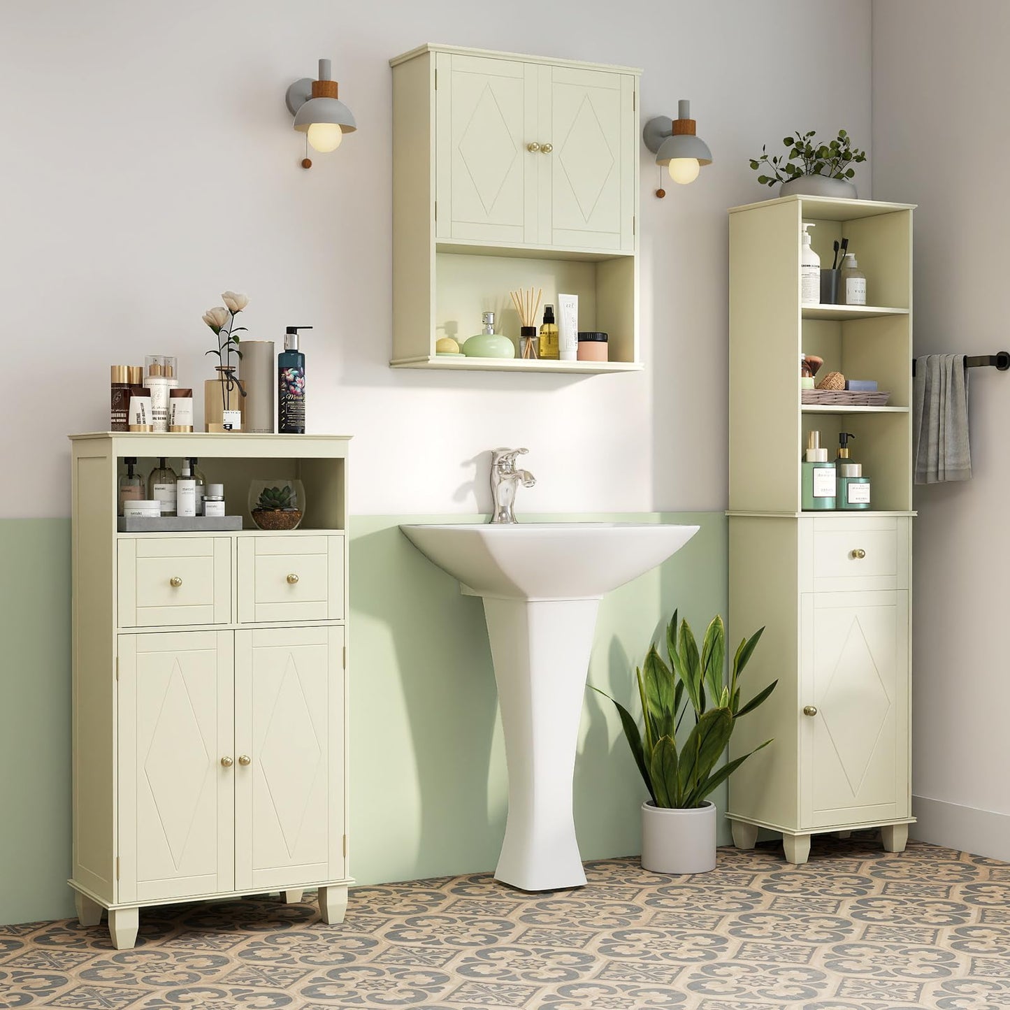 Bathroom Floor Cabinet, Freestanding Wooden Storage Cupboard with 2 Doors