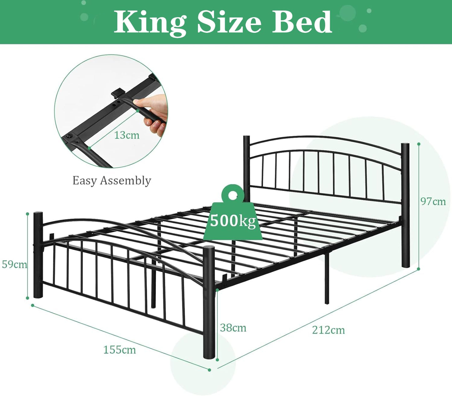 Double Metal Bed Frame, 3FT/4FT6/5FT Platform Bed with Headboard