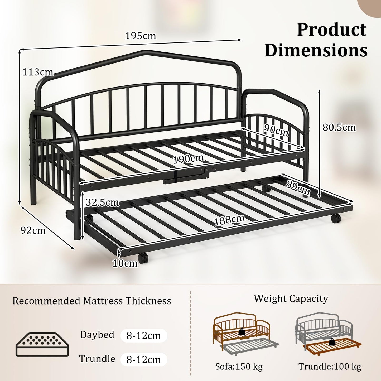Metal Day Bed with Trundle, Single Bed Frame with Headboard