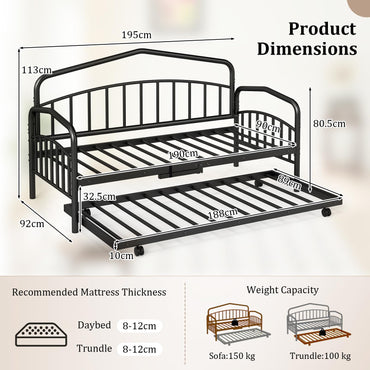 Metal Day Bed with Trundle, Single Bed Frame with Headboard