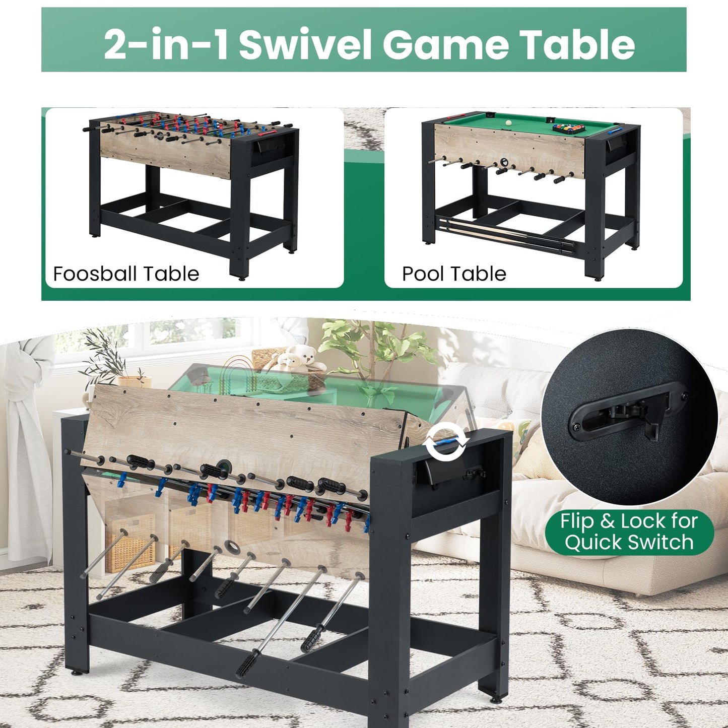 2-in-1 Swivel Multi Game Table 122 cm Foosball and Pool Combo Table