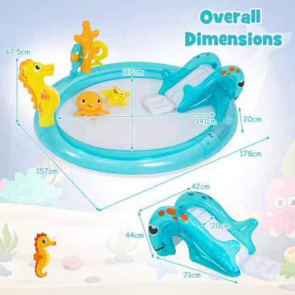Inflatable Play Center, Marine Life Spray Paddling Pool with Slide & Sprinkle