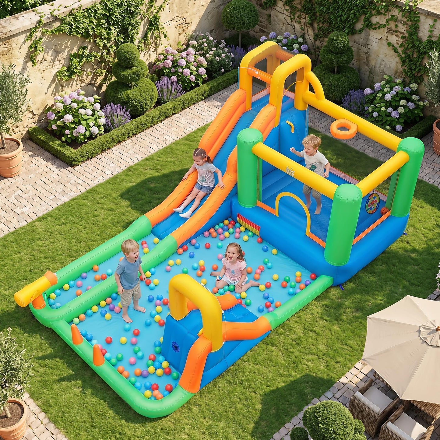11-in-1 Inflatable Bounce House with Water Slides for Kids without Blower