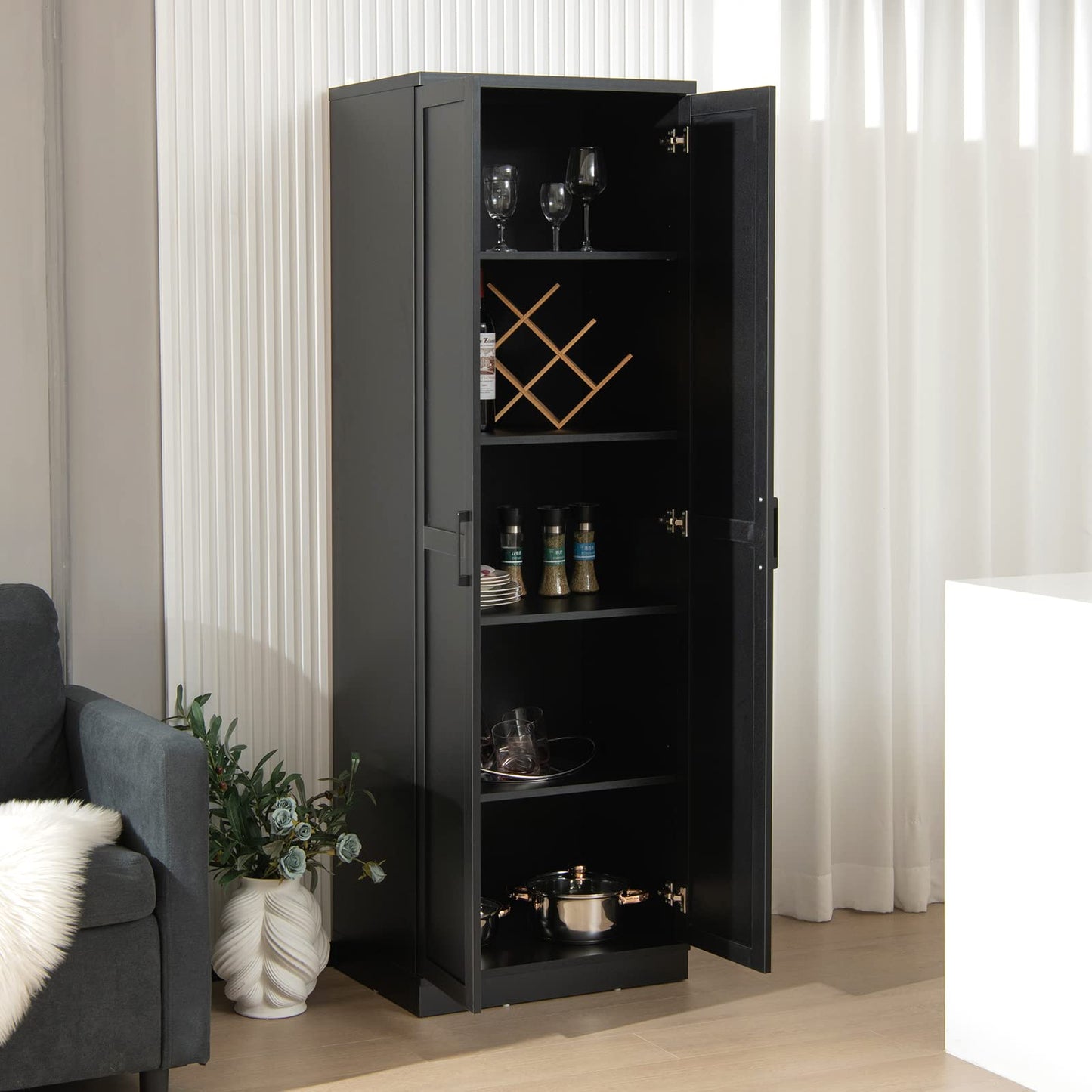 Wooden Storage Cabinet, Freestanding Tall Cupboard Sideboard