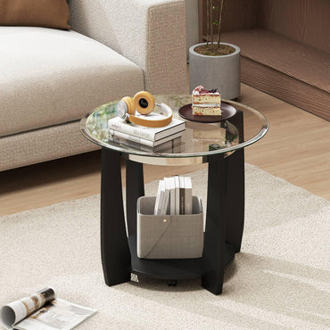 Tempered Glass Coffee Table, 2-Tier Round Cocktail Center Snack Tea Table