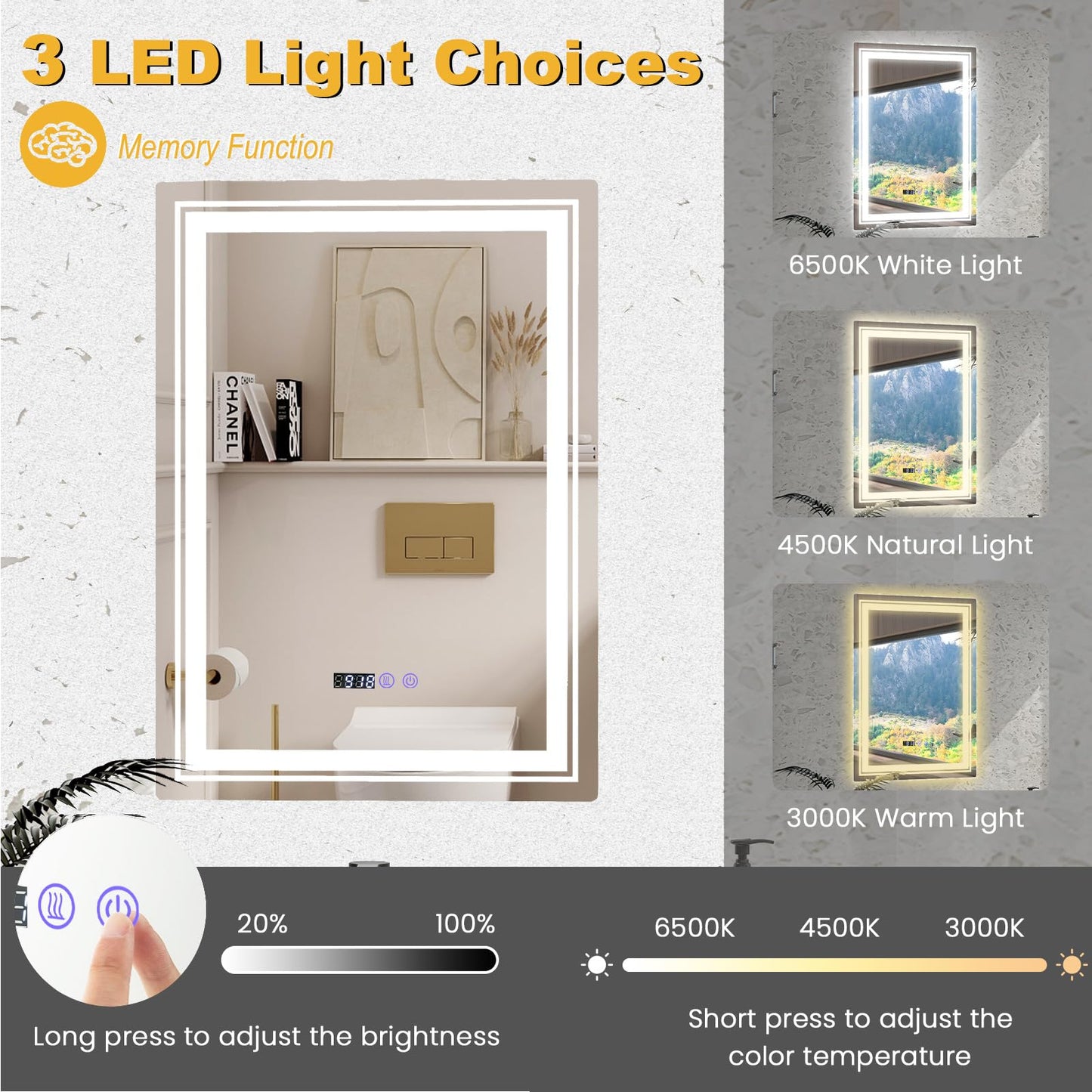 Anti-Fog Bathroom Led Vanity Mirror with 3 Colors 3000-6500K