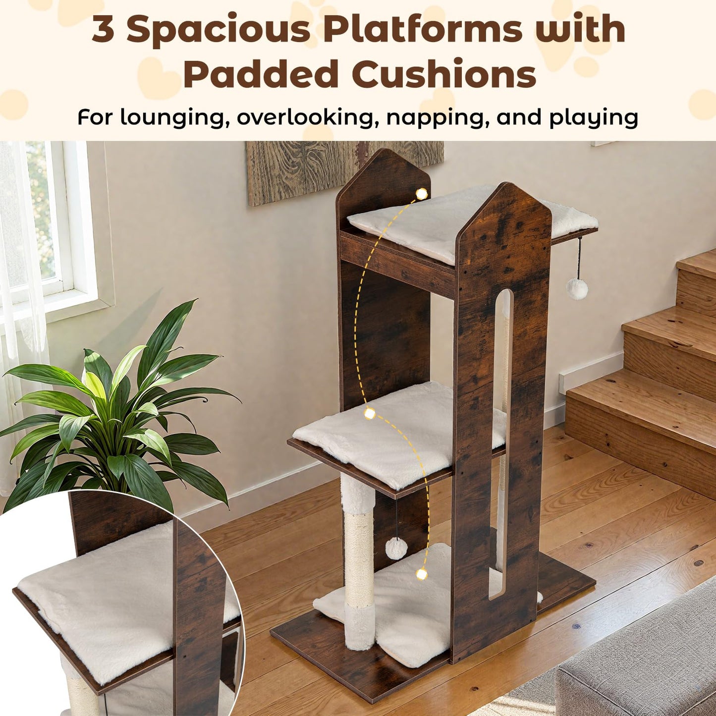 Wooden Cat Activity Center with Sisal Scratching Posts and Hanging Balls