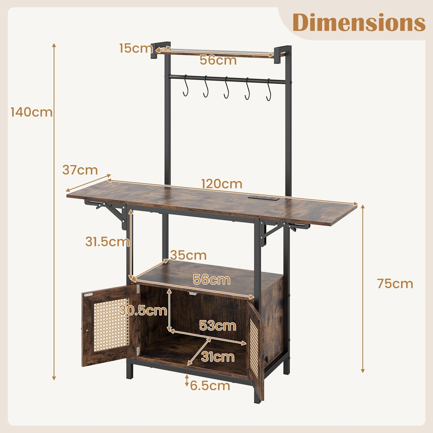 Kitchen Bakers Rack with Drop Leaf, Power Outlet & Rattan Doors