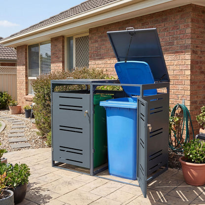 Outdoor Metal Garbage Bin Storage Shed for 2 Trash Cans