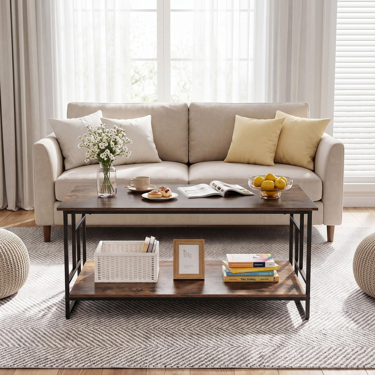 2-Tier Rectangle Coffee Table, Wooden Center Table