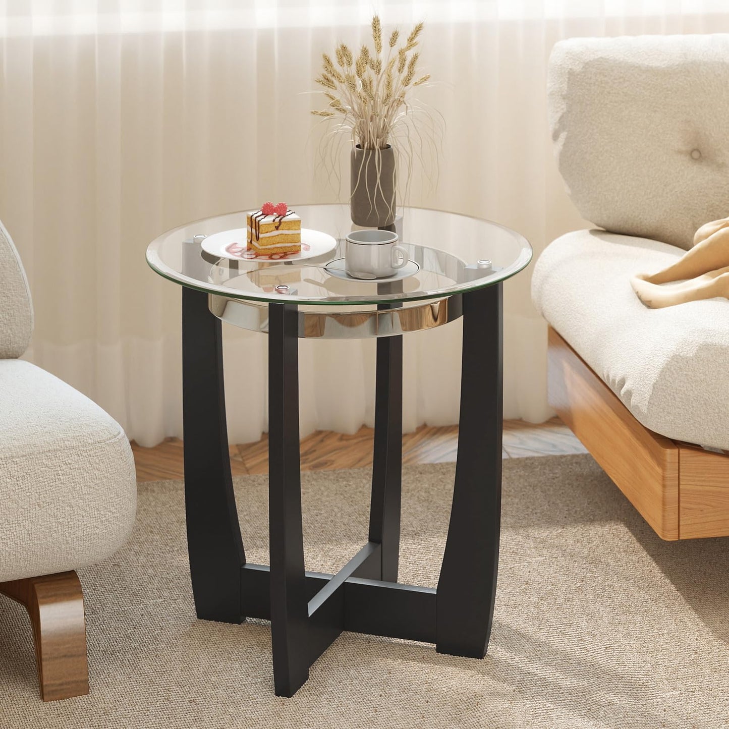 Tempered Glass End Table, Round Sofa Side Table with Rubber Wood Cross Base