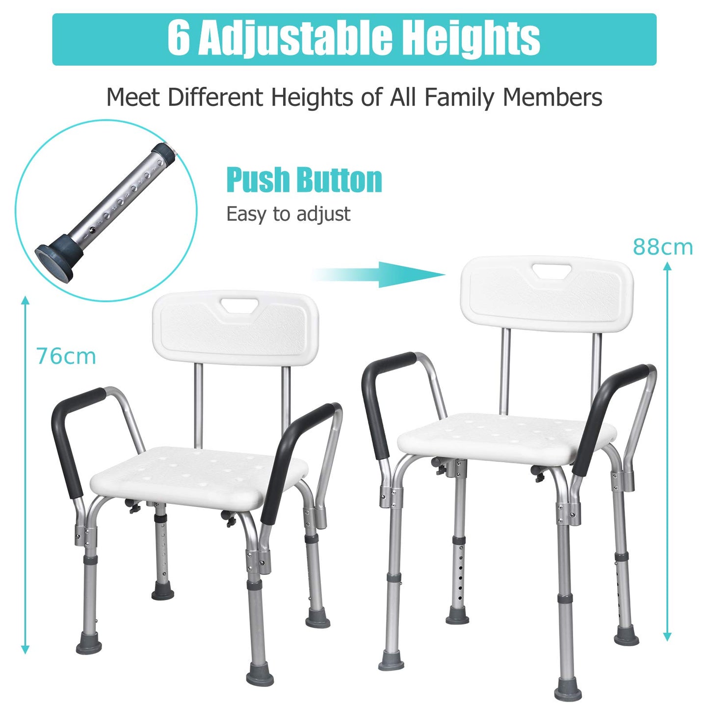 6 Levels Adjustable Tub Shower Stools with Detachable Backrest and Handrails