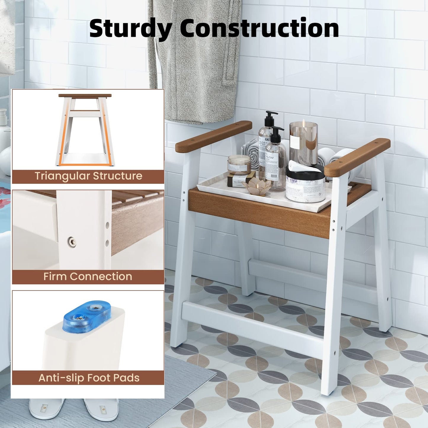 Waterproof HDPE Shower Bench with Armrests
