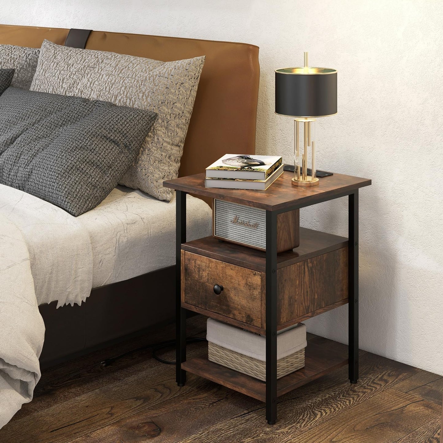 3-Tier Nightstand with Charging Station Open Shelves and Drawer