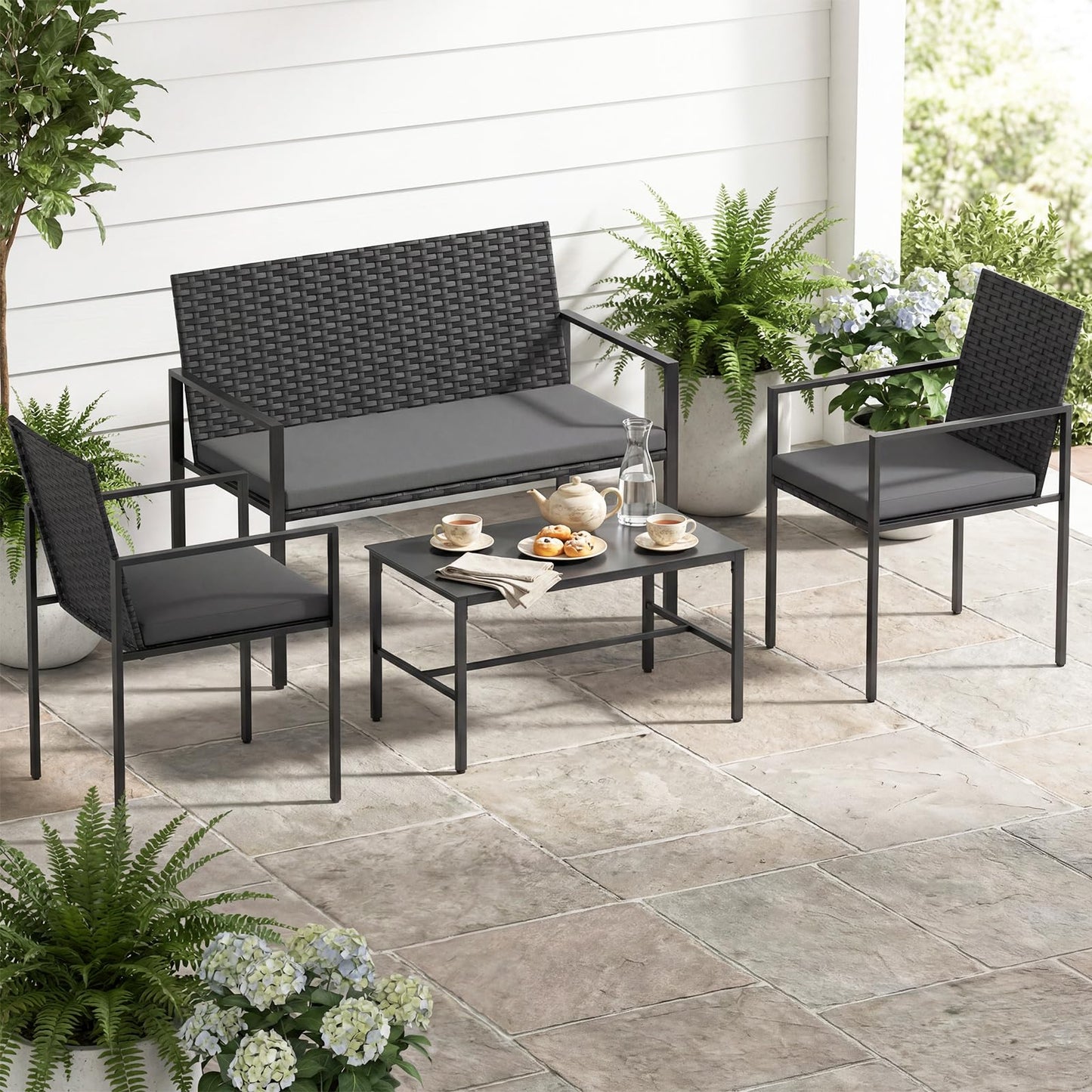 4-Piece Rattan Garden Furniture Set, Patio Conversation Set with Loveseat