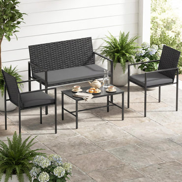 4-Piece Rattan Garden Furniture Set, Patio Conversation Set with Loveseat