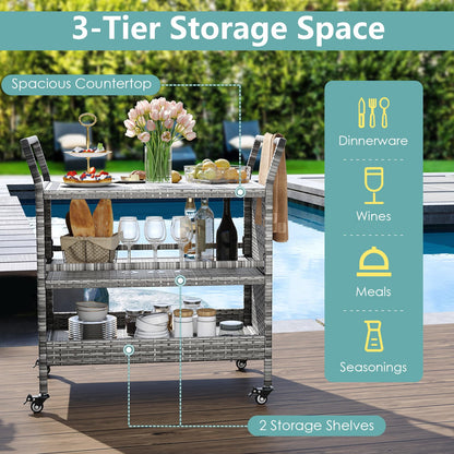Outdoor Bar Cart 3-Tier Patio Rattan Storage Shelf Wicker Serving Table