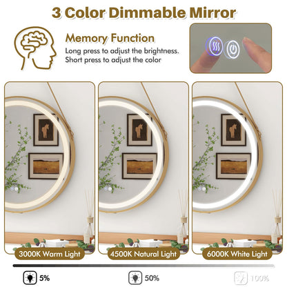 Hanging Wall Bathroom Mirror with Hanging Strap and 3 Colors LED Light