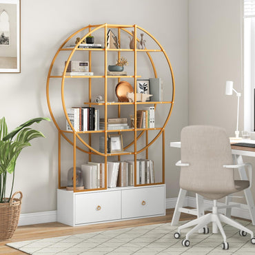 6-Tier Gold Bookshelf with 2 Storage Drawers Staggered Shelves