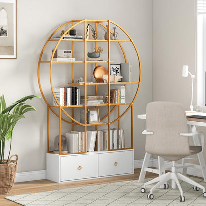 6-Tier Gold Bookshelf with 2 Storage Drawers Staggered Shelves