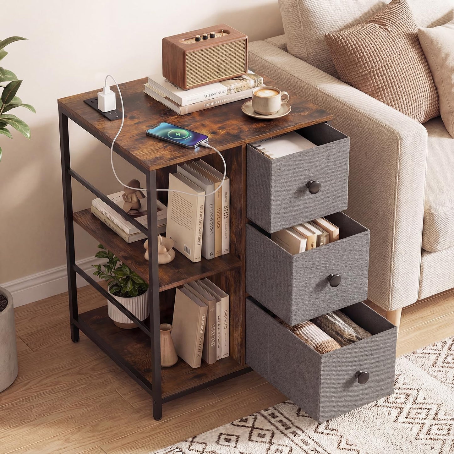 Side Table with Charging Station, Industrial Nightstand Bedside Cabinet