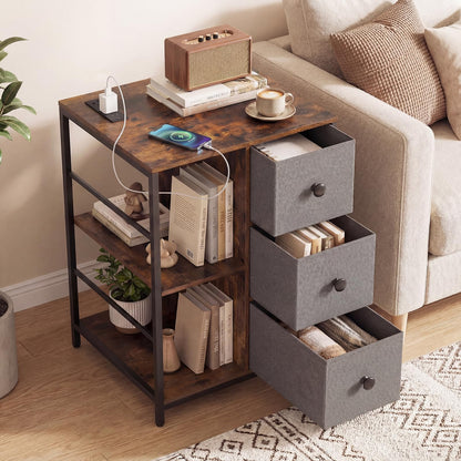 Side Table with Charging Station, Industrial Nightstand Bedside Cabinet