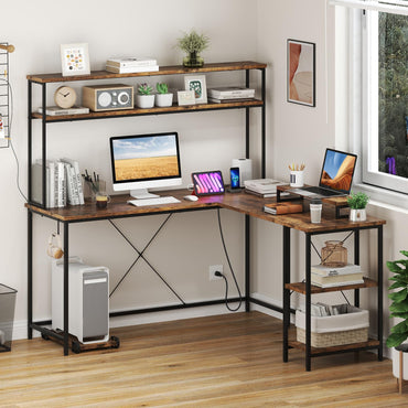 L-Shaped Gaming Desk with LED Strip and Power Outlets