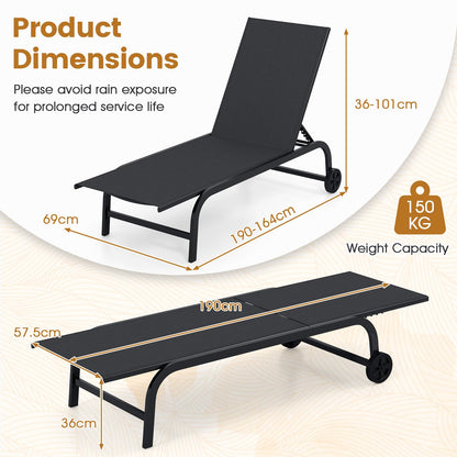 Garden Sun Lounger with Wheels, 6 Positions Adjustable Outdoor Chaise Lounge Chair