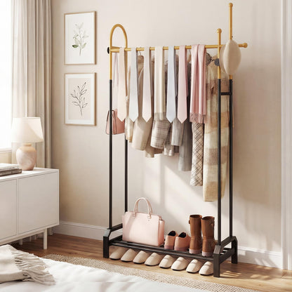 Double Rods Garment Rack Freestanding Clothing Rack with 5 Hooks