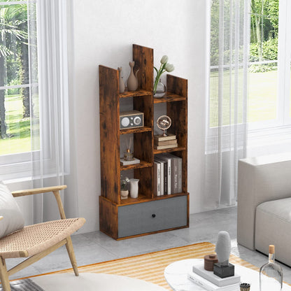 7/12-Tier Wooden Bookshelf with Folding Drawer for Study Living Room