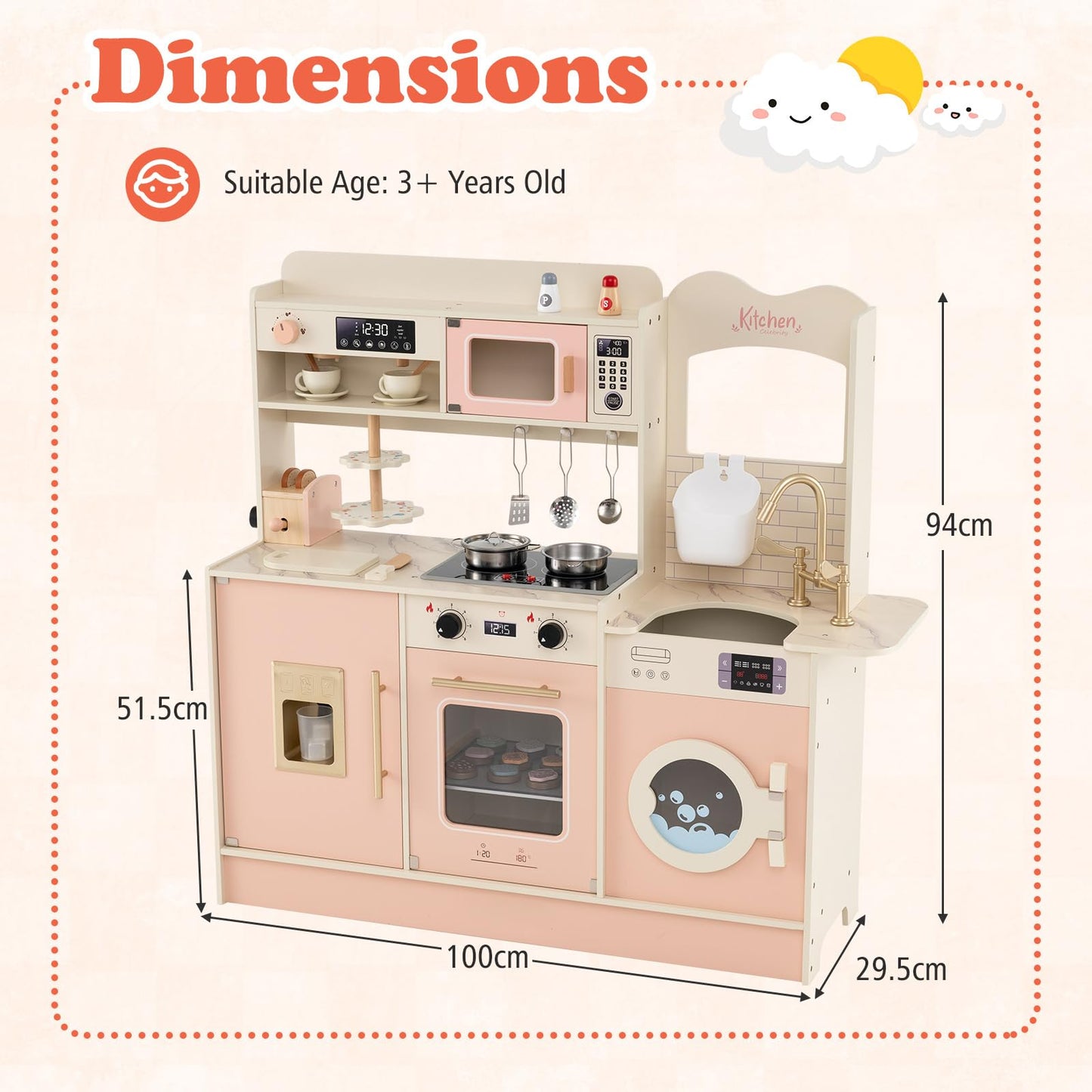 Kids Wooden Kitchen, Pretend Play Kitchen with Light, Sound, Sink & Faucet