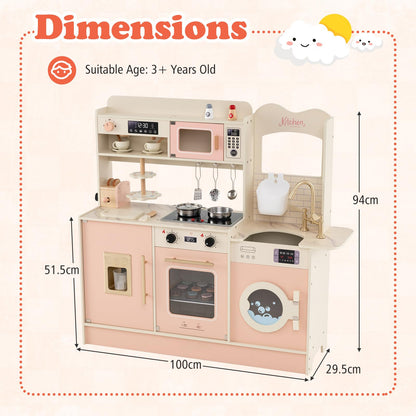 Kids Wooden Kitchen, Pretend Play Kitchen with Light, Sound, Sink & Faucet