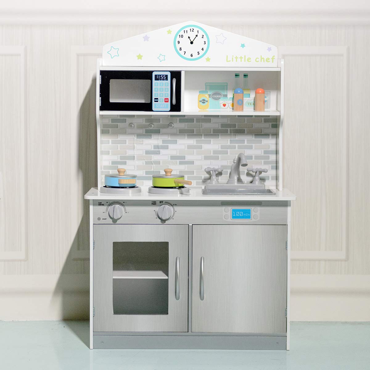 Wooden Play Kitchen with Utensil Set