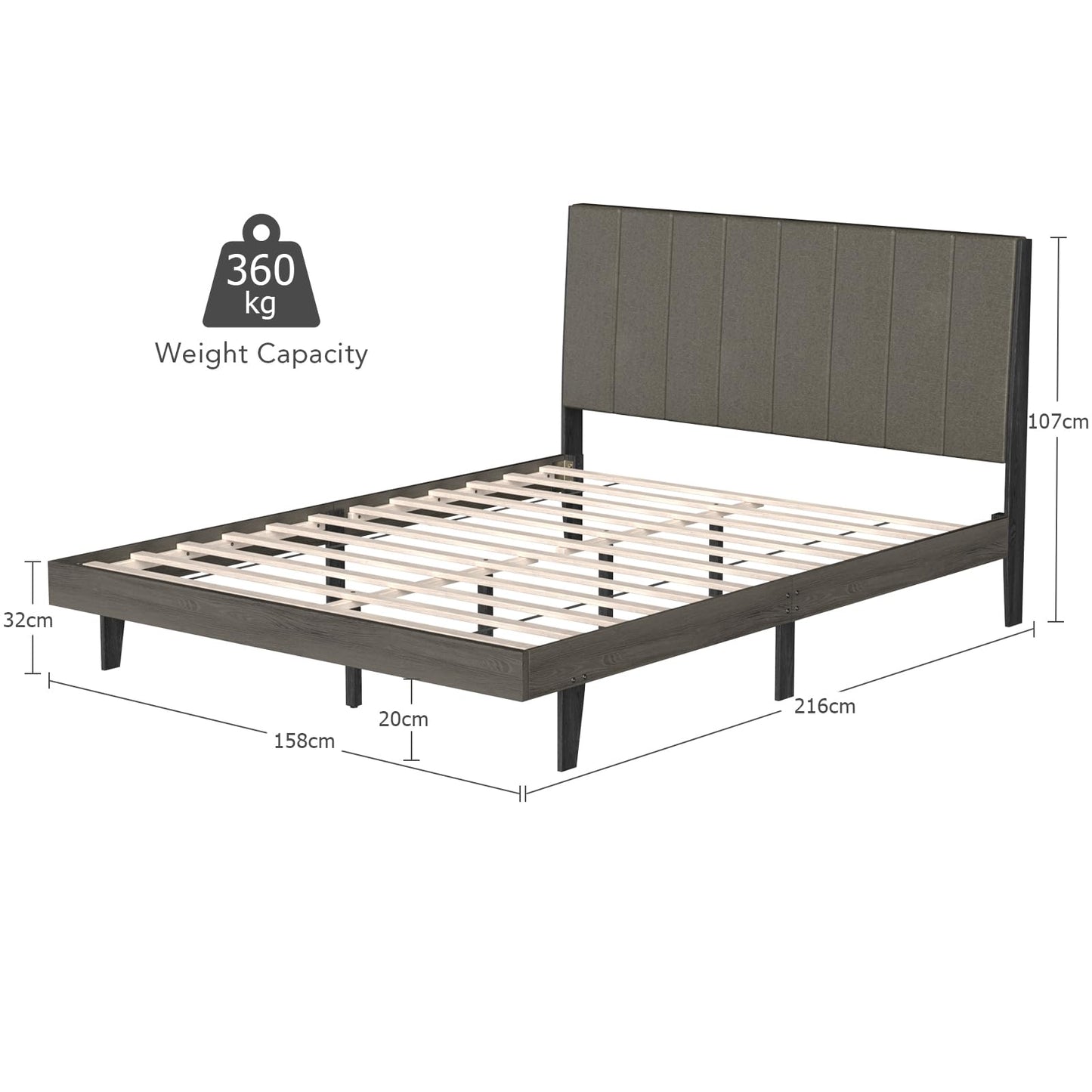 5FT King Size Bed Frame with Channel Tufted Headboard & 20cm Underbed Storage