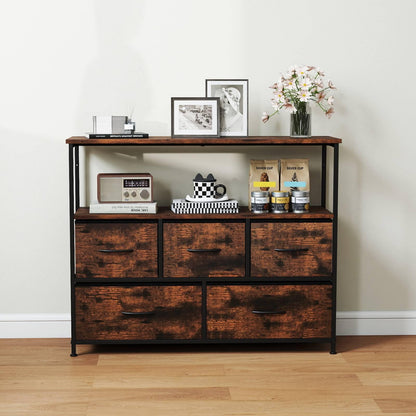 Chest of Drawers, Fabric 5-Drawer Dresser Chest Cabinet with 2 Wooden Open Shelves