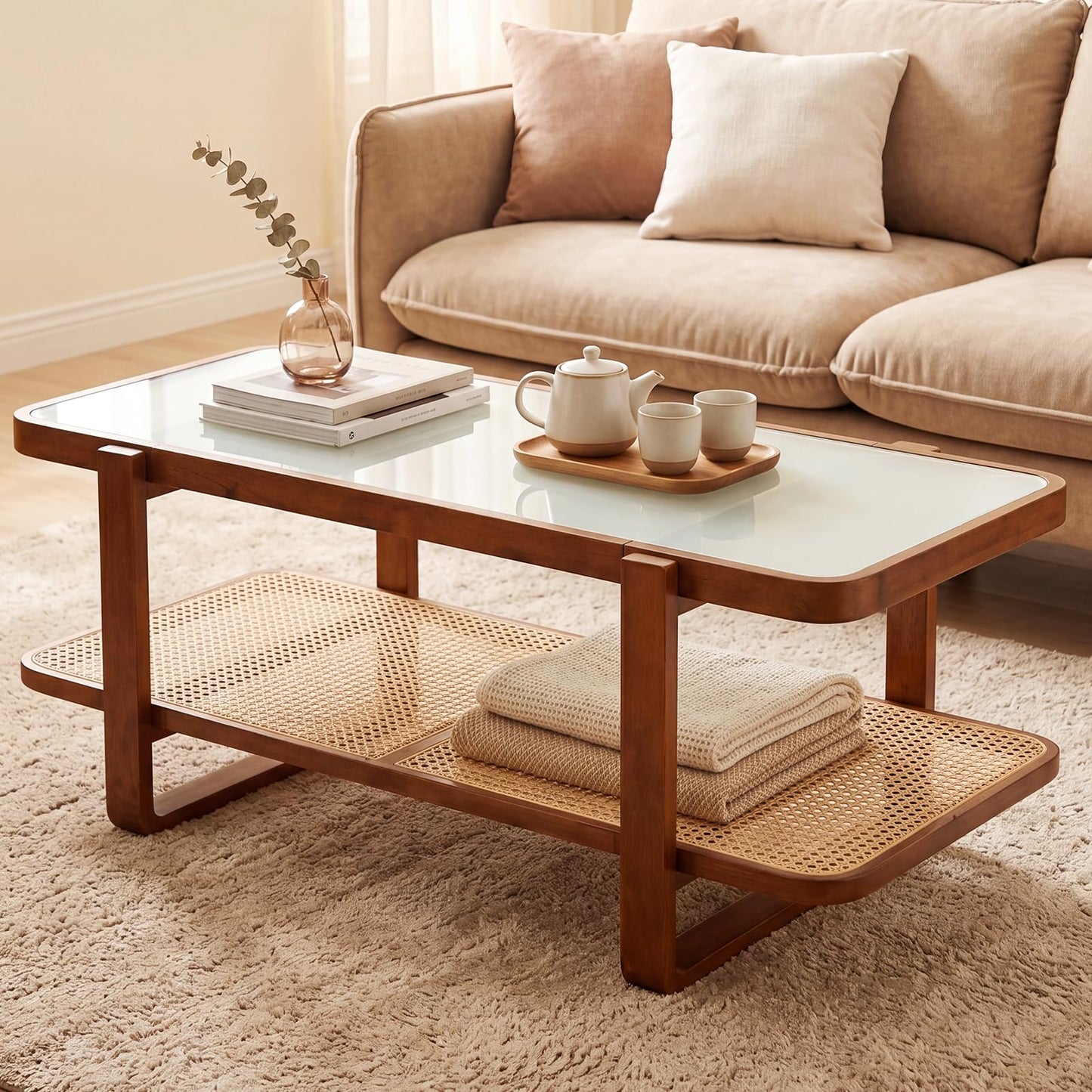 2-Tier Rattan Coffee Table, Frosted Tempered Glass Center Table