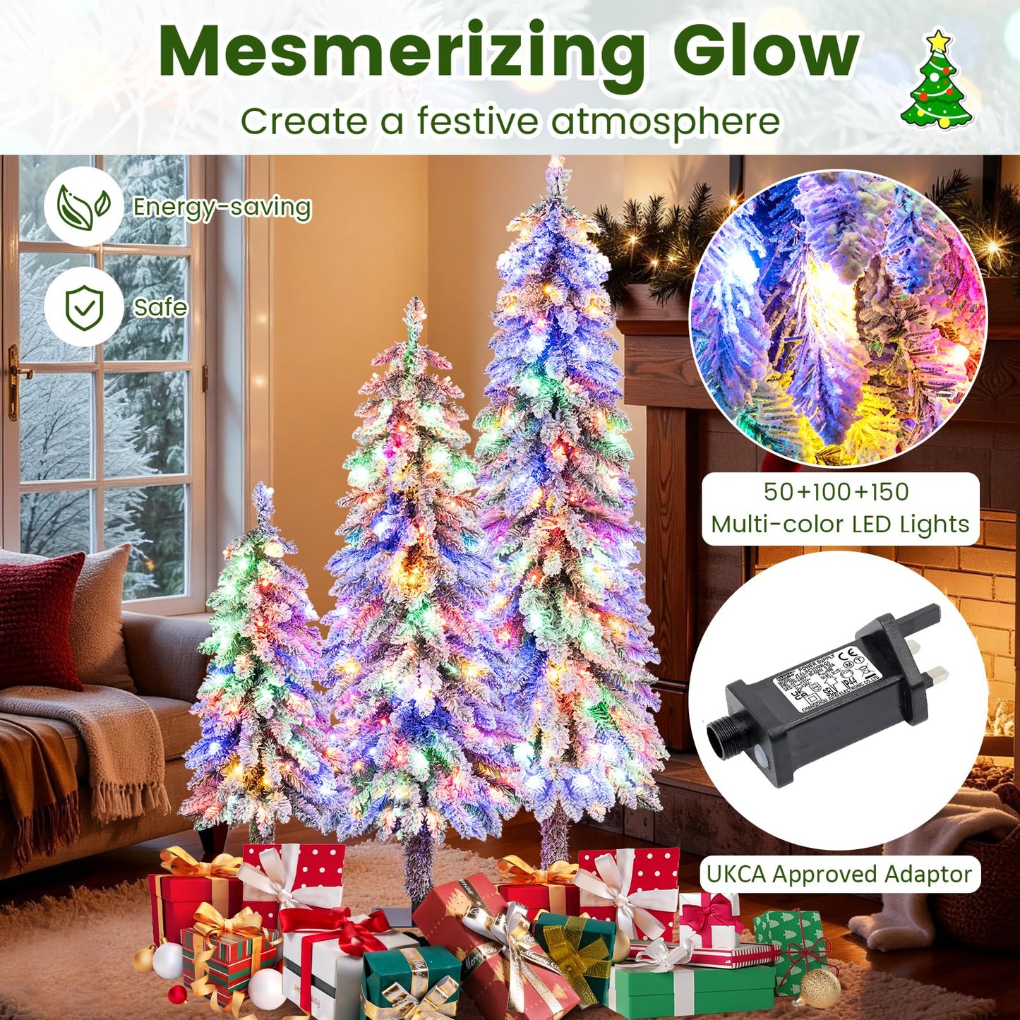 3’ 4’ 5’ Artificial Christmas Tree Set with 115 + 207 + 275 Branch Tips and 50 + 100 + 150 Colorful LED Lights