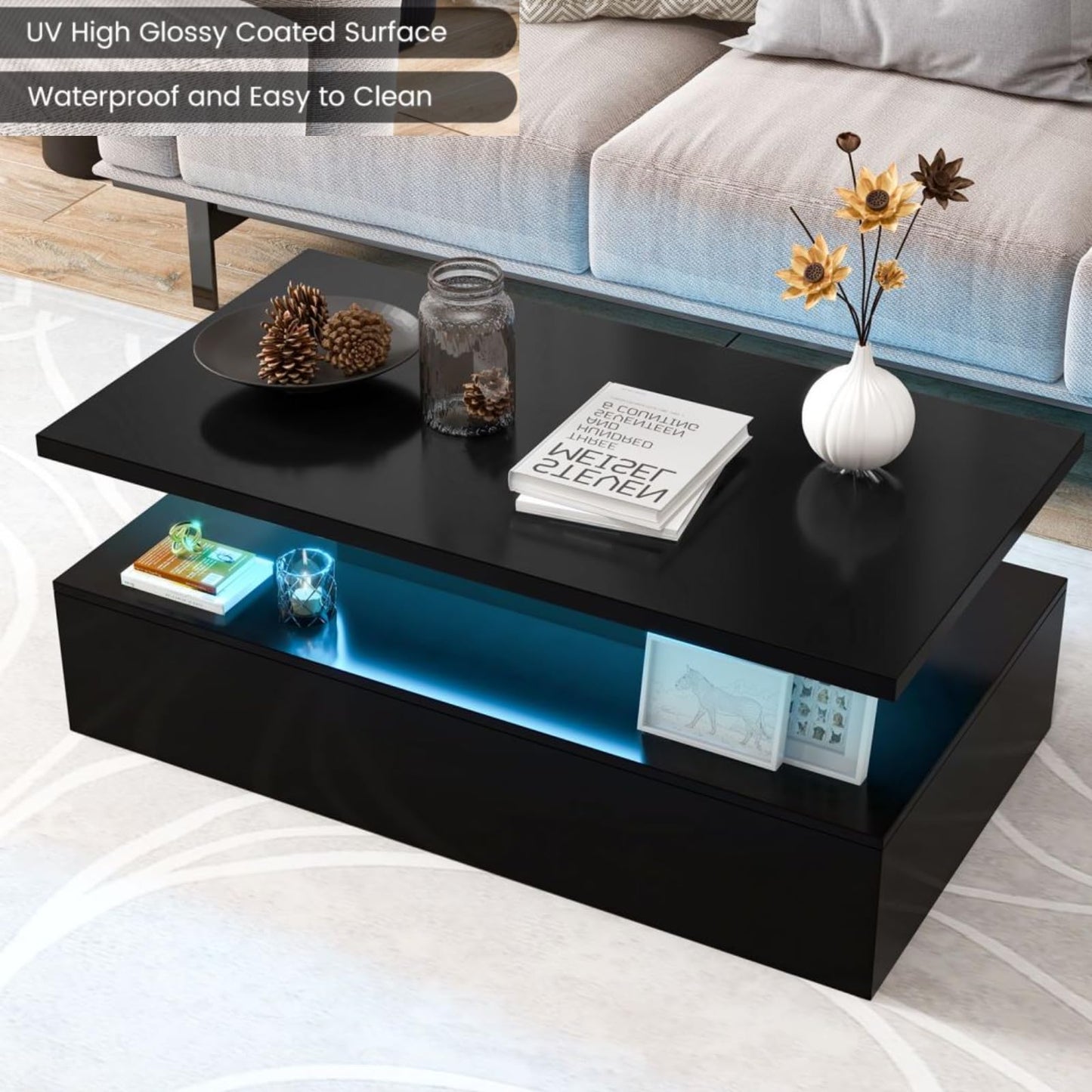 LED Coffee Table, 2 Tier Cocktail Center Table with Adjustable Light Colors