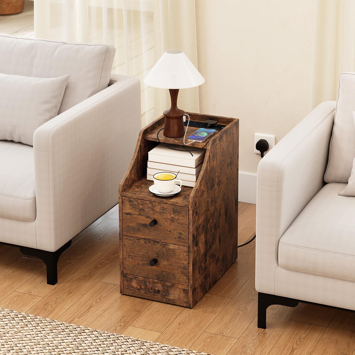 End Table with Charging Station & Storage Drawers for Small Space Living Room Bedroom
