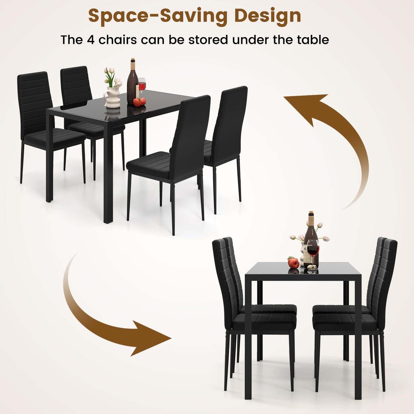 5 Pieces Kitchen Table and 4 Upholstered Chairs with High Backrest & Glass Tabletop