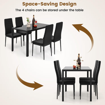 5 Pieces Kitchen Table and 4 Upholstered Chairs with High Backrest & Glass Tabletop