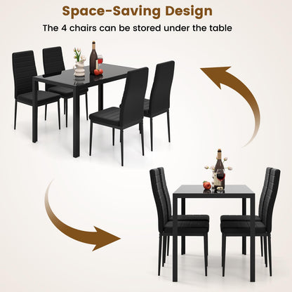 5 Pieces Kitchen Table and 4 Upholstered Chairs with High Backrest & Glass Tabletop